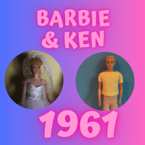 Photos of Barbie and Ken, Barbie wears a bridal dress, ken a casual t shirt and a pair of trousers