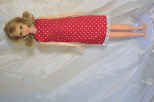 blonde francie in red mod diy dress with small white dots and tiny border in cream, Introducing the New Francie MOD Dress