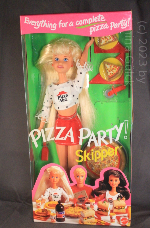Blonde Pizza Party Skipper in white blouse/shirt with black dots and pizza hut logo with all her food pieces like pizza pies and a whole pizza in her orignal box