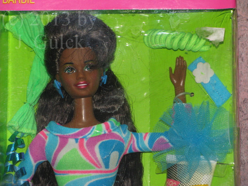 Totally Hair Barbie black version with dark skin and black hair close up